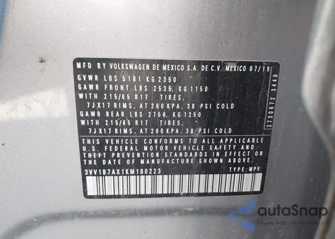 2019 Volkswagen Tiguan 2.0T S z USA, uszkodzony, nr VIN 3VV1B7AX1KM180223